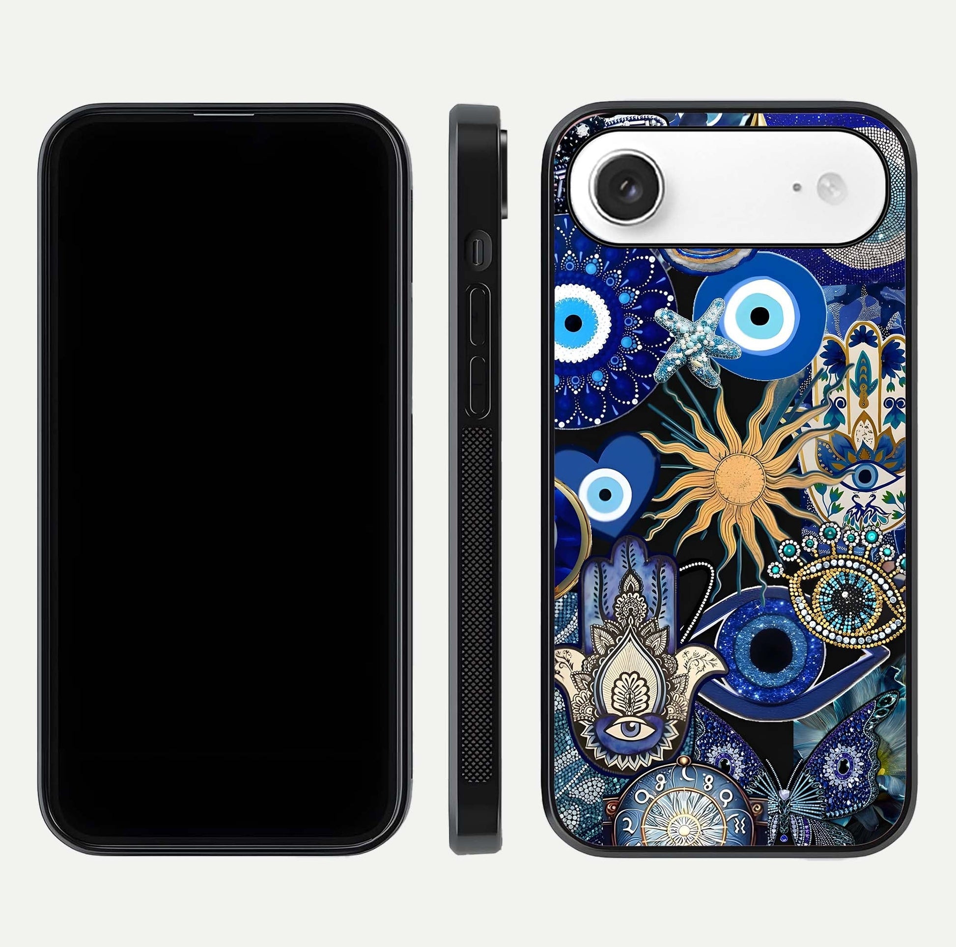 Mystic Blue Evil Eye Glass Case for iPhone Air  front & back layout showing elegant tones and edge finish