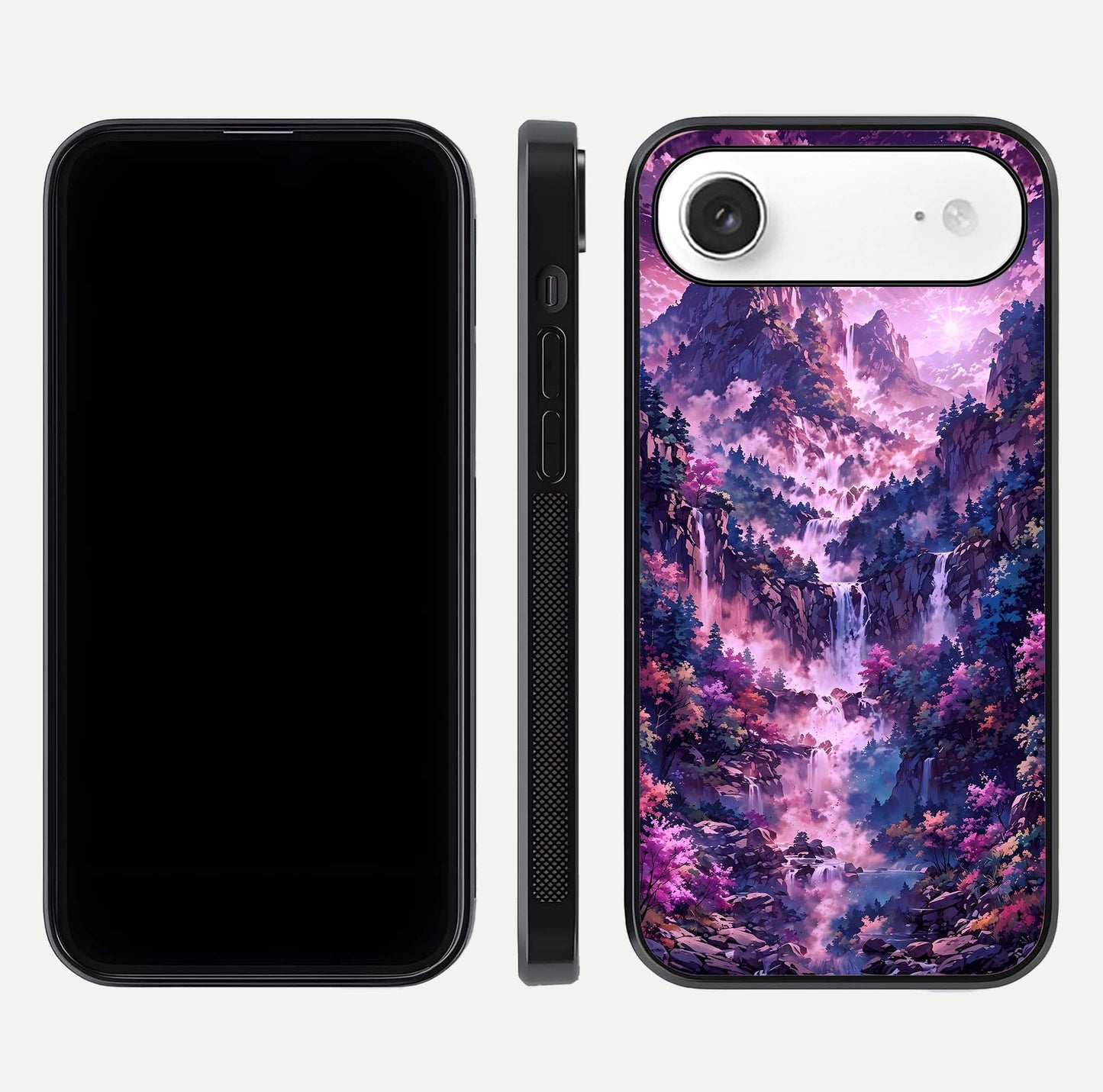 Mystic Cascade Peaks Glass Case for iPhone Air  front & back layout highlighting HD landscape tones