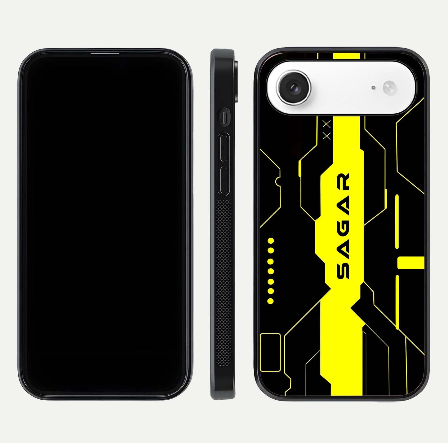 Neon CYBERPUNK Custom Name Glass Case for iPhone Air  front & back layout showing tech art and custom edge