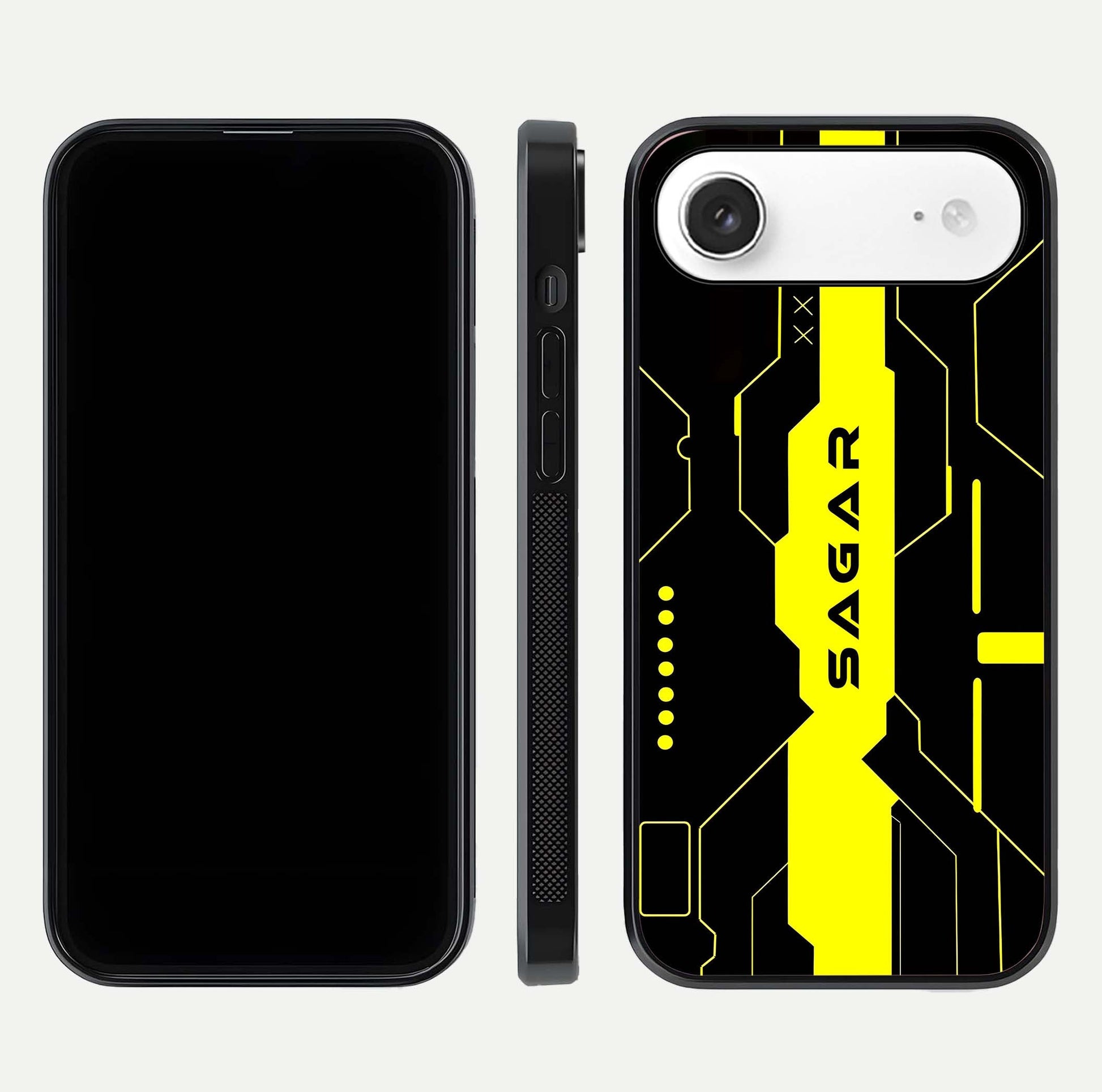 Neon CYBERPUNK Custom Name Glass Case for iPhone Air  front & back layout showing tech art and custom edge