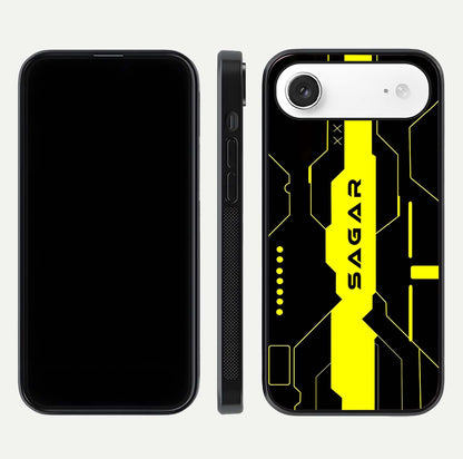 Neon CYBERPUNK Custom Name Glass Case for iPhone Air  front & back layout showing tech art and custom edge