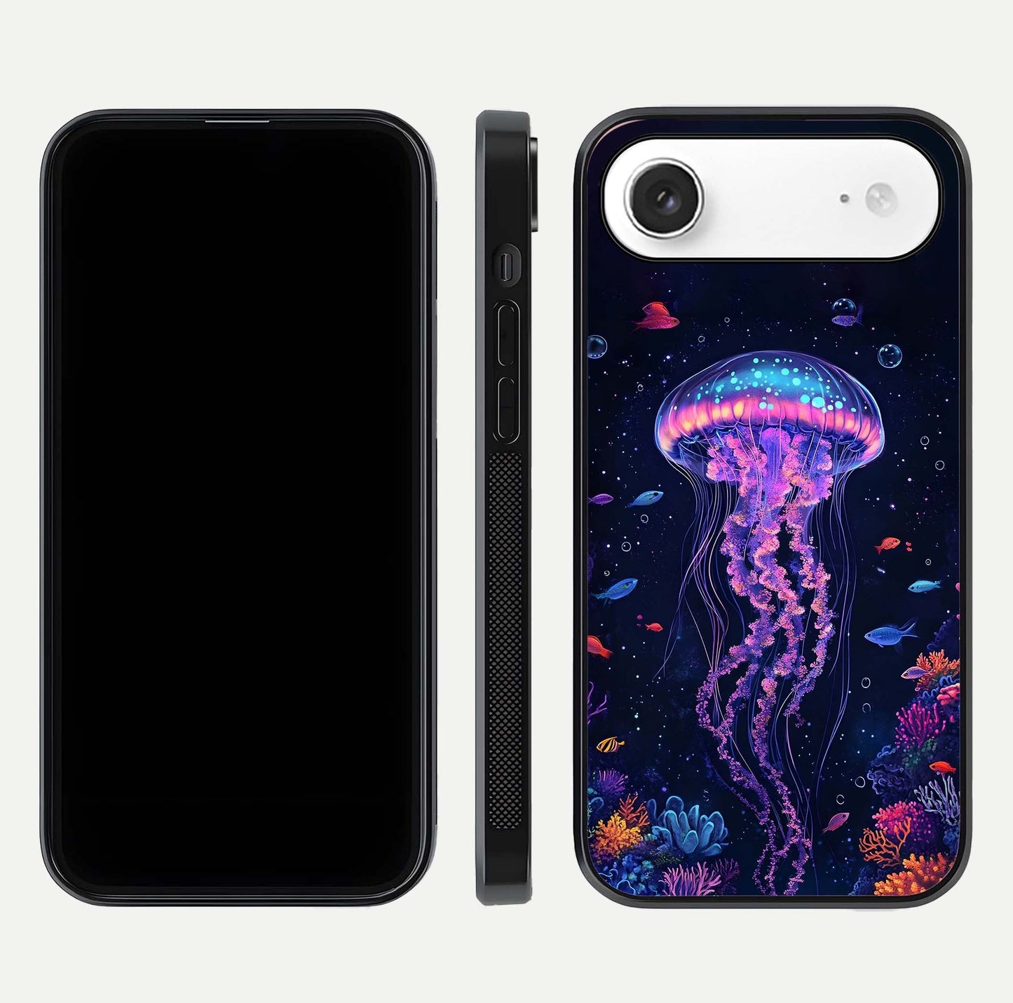 Neon Jellyfish Glass Case for iPhone Air  front & back layout highlighting HD marine art and curved edges