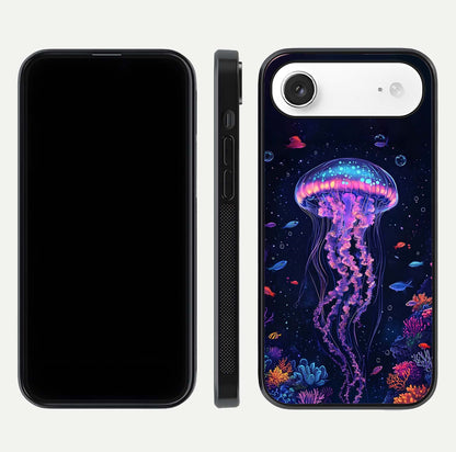 Neon Jellyfish Glass Case for iPhone Air  front & back layout highlighting HD marine art and curved edges