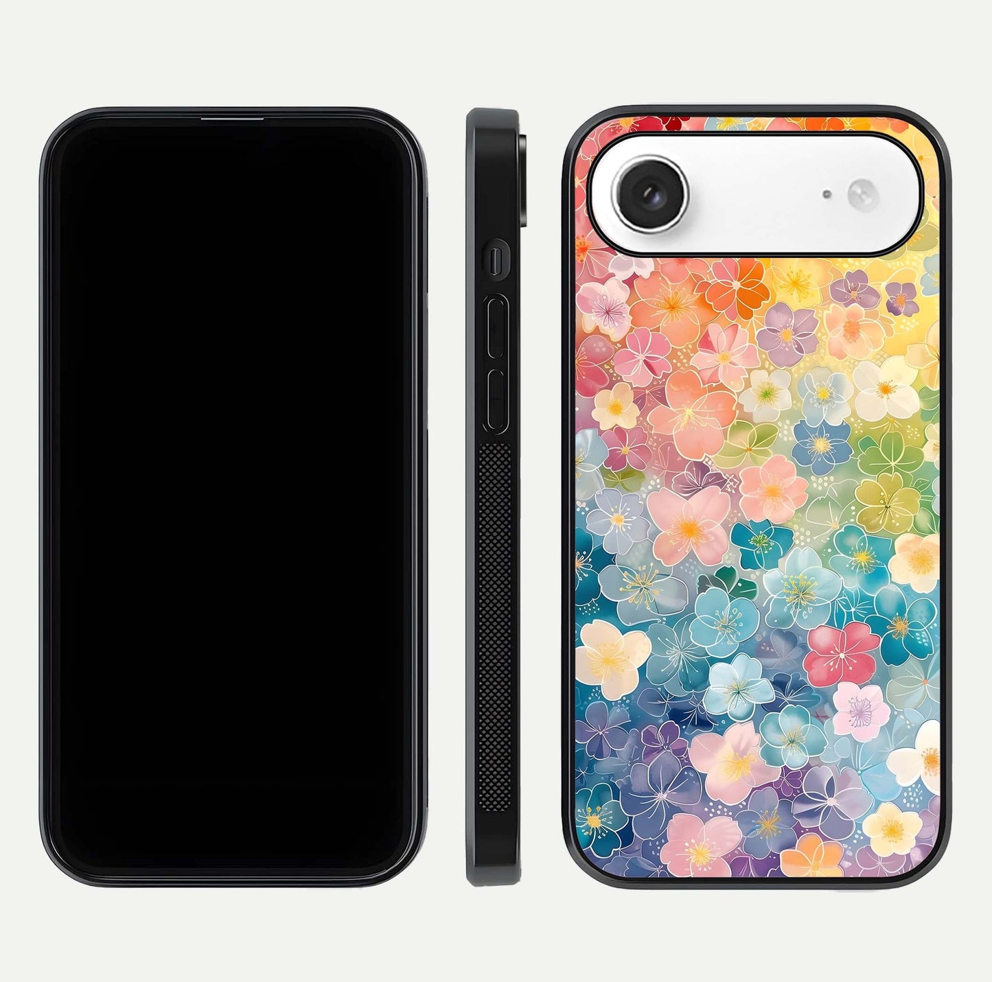 Rainbow Blossom Burst Glass Case for iPhone Air  front & back layout showing bright tones and edge finish