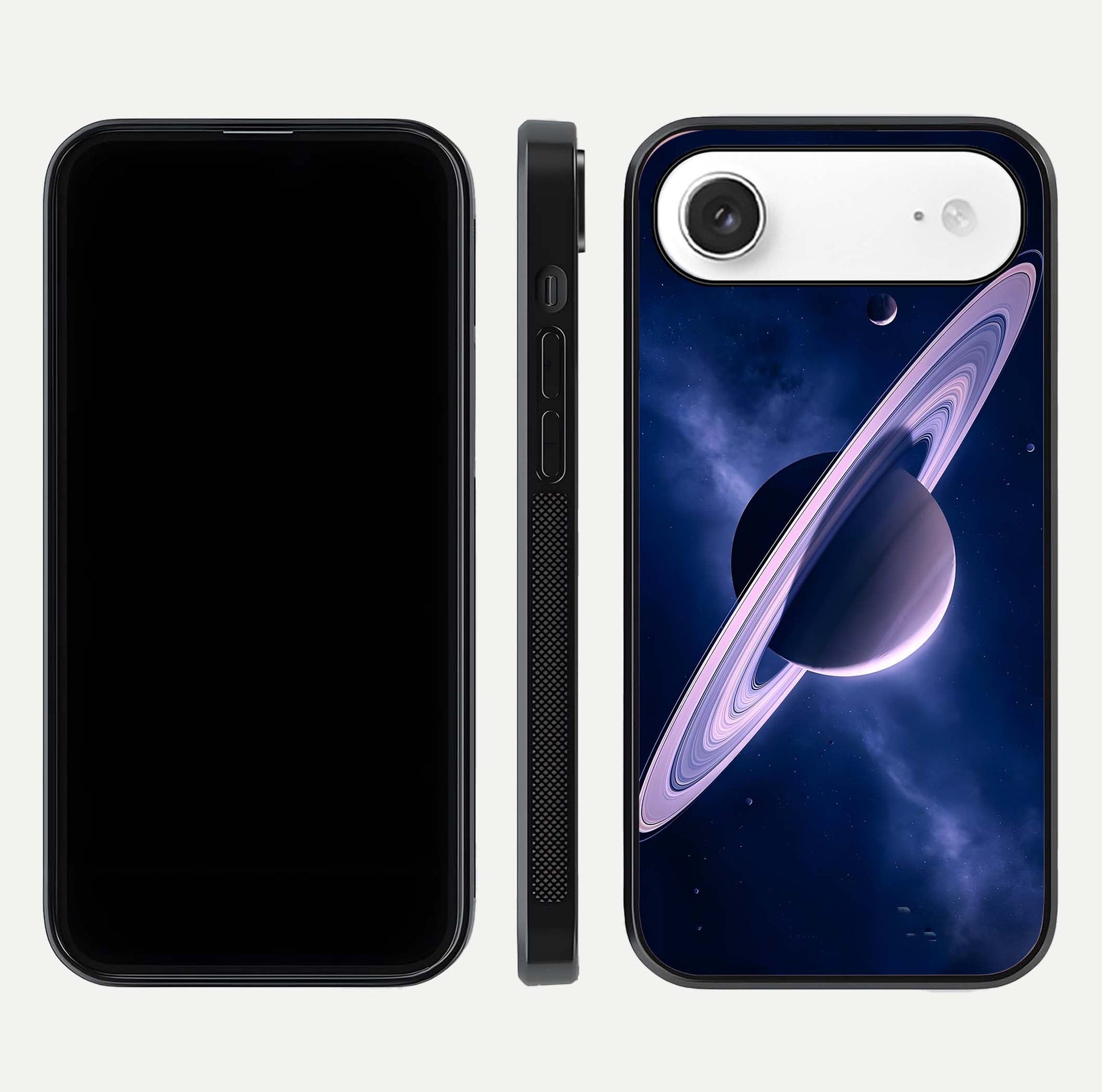 Saturn Ring Mystique Glass Case for iPhone Air  front & back layout showing cosmic tones and edge glow