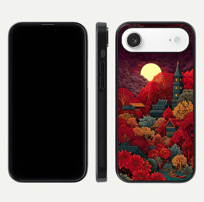 Scarlet Autumn Temple Glass Case for iPhone Air  front & back layout showing scenic tones and curved edges