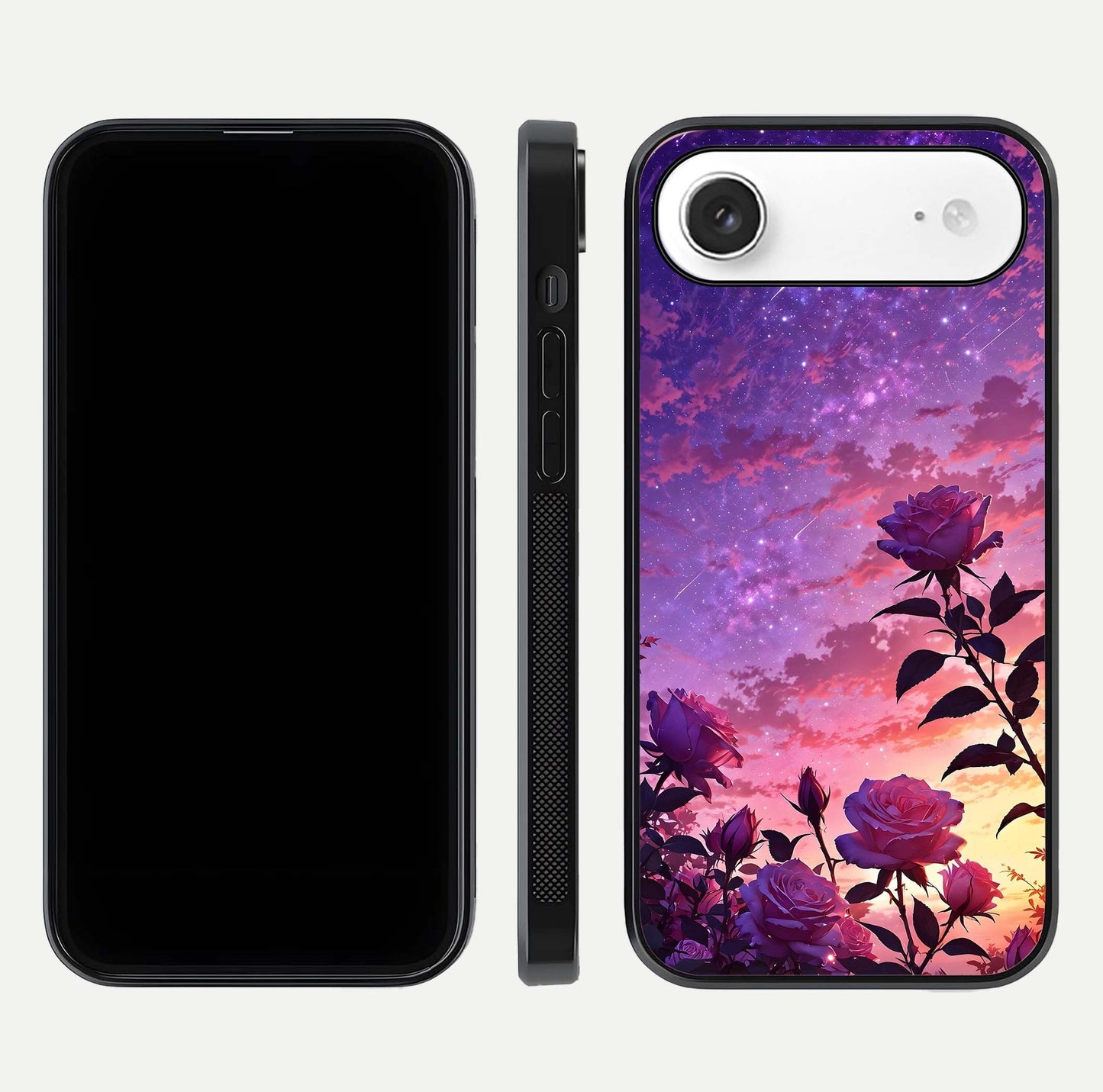 Starlit Rose Twilight Glass Case for iPhone Air  front & back layout showing floral blend and glossy edge
