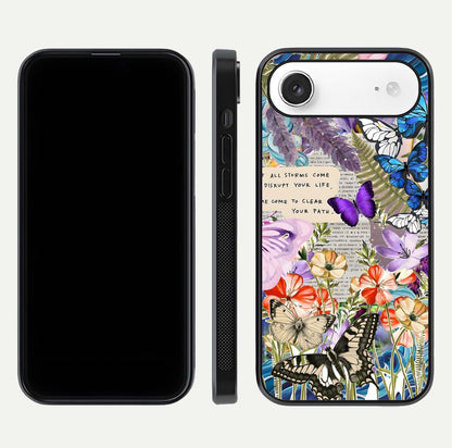 Storm Path Bloom Glass Case for iPhone Air  front & back layout showing moody floral blend and edges