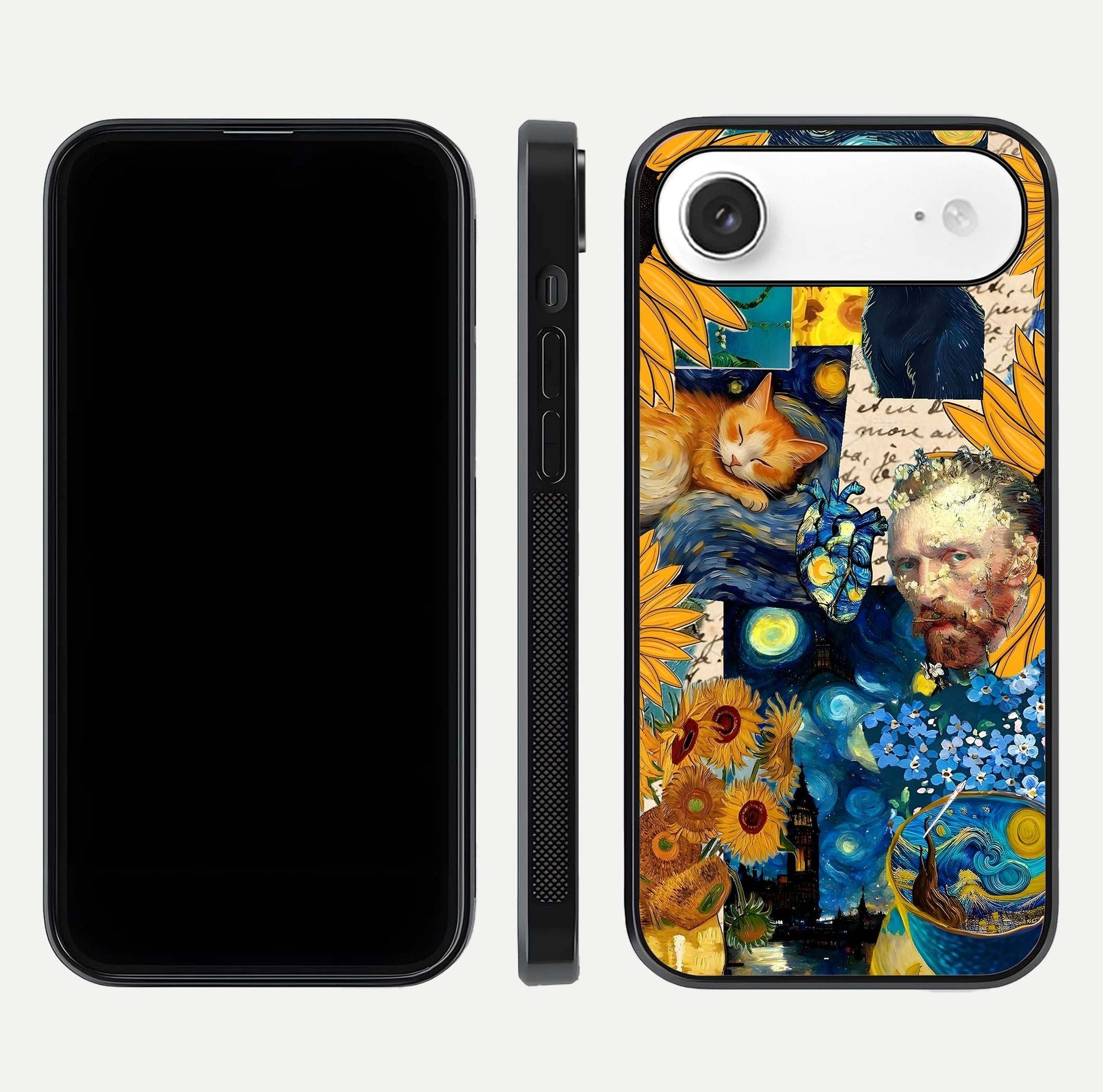 Sunflower Cat Art Glass Case for iPhone Air  front & back layout showing detailed floral cat design and edges