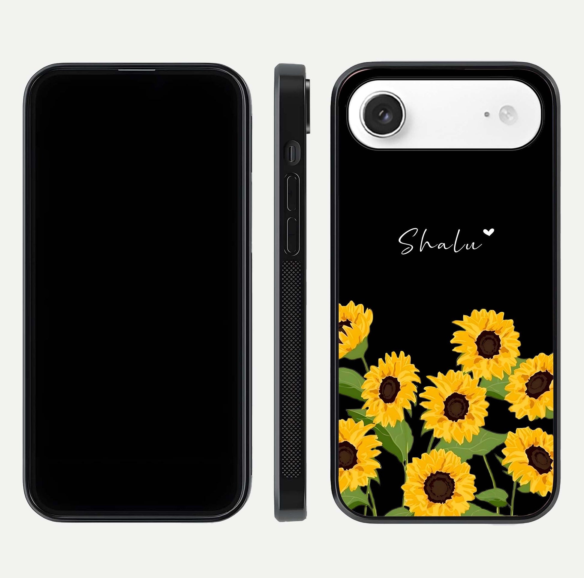 Sunflower Chic Mood Custom Name Glass Case for iPhone Air  front & back layout highlighting custom text zone and shine