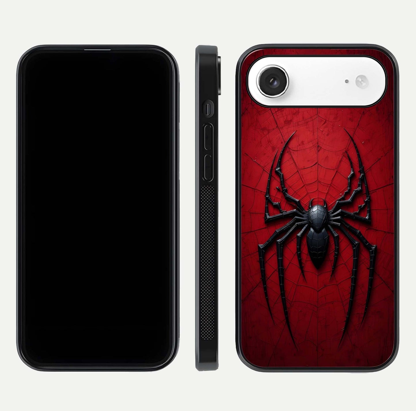 Venom Web Emblem Glass Case for iPhone Air  front & back layout showing contrast art and curved glass edges