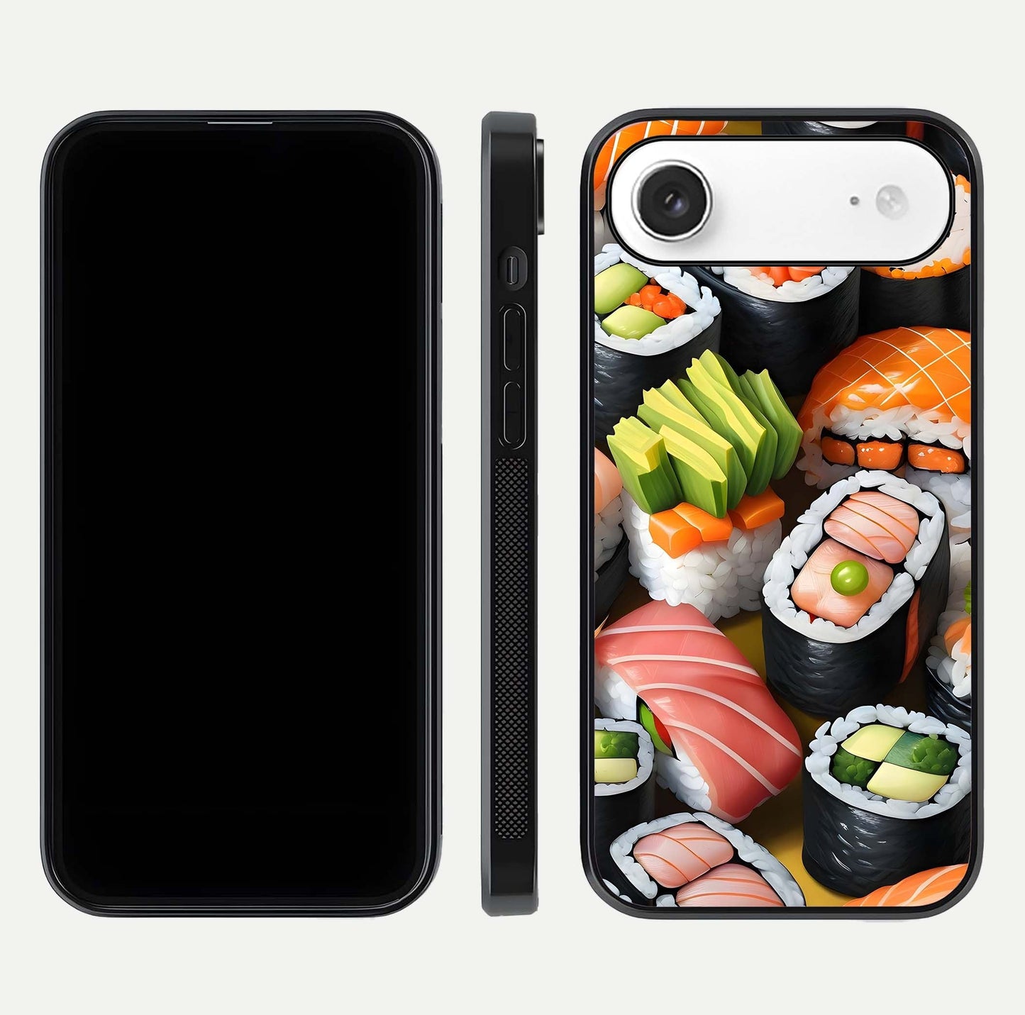 Sushi Food Pattern Glass Case for iPhone Air  front & back layout showing playful food theme and clear edges