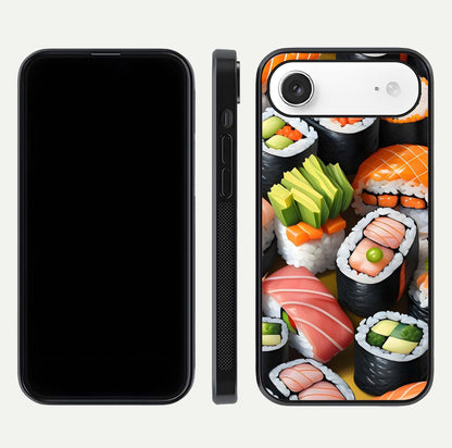 Sushi Food Pattern Glass Case for iPhone Air  front & back layout showing playful food theme and clear edges