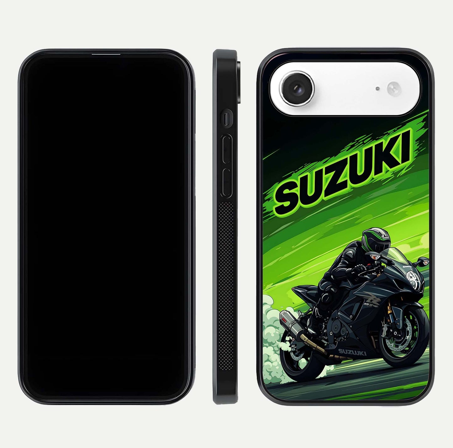 Suzuki Speed Beast Glass Case for iPhone Air  front & back layout showing motion blur and sleek edges