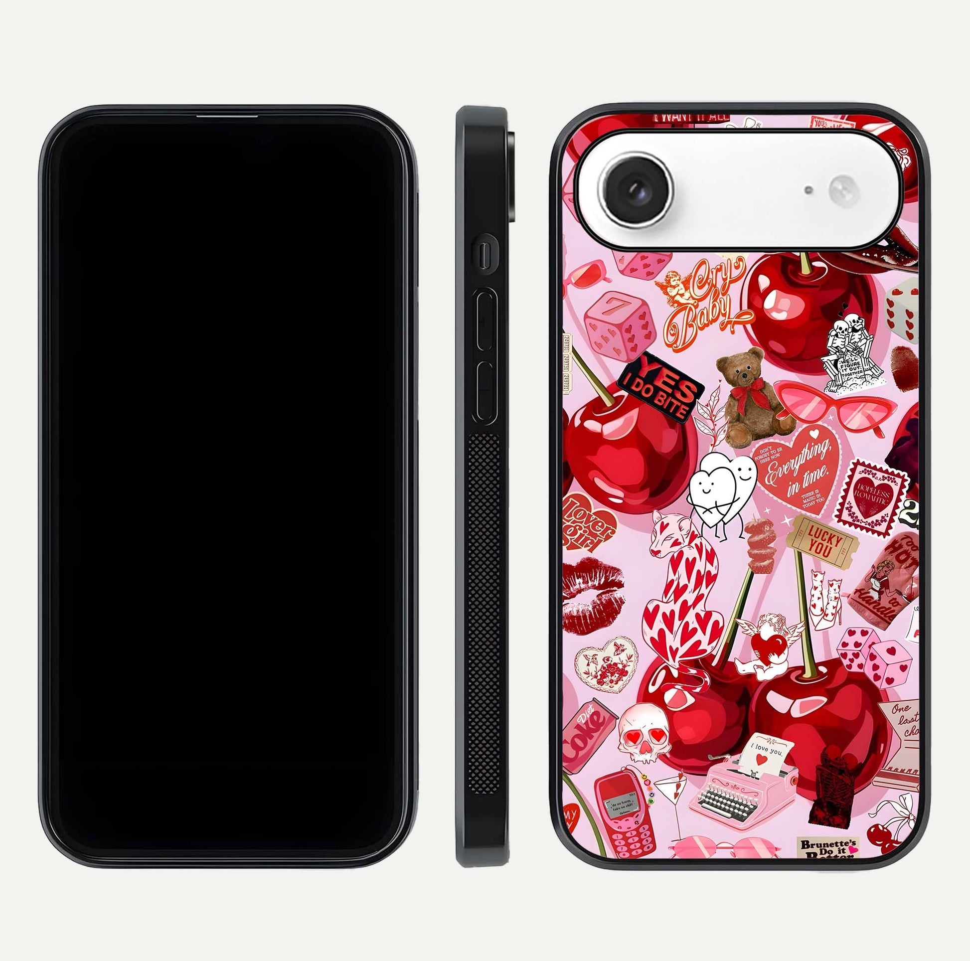 Sweet Cherry Chaos Glass Case for iPhone Air  front & back layout showing vibrant cherries and smooth edges