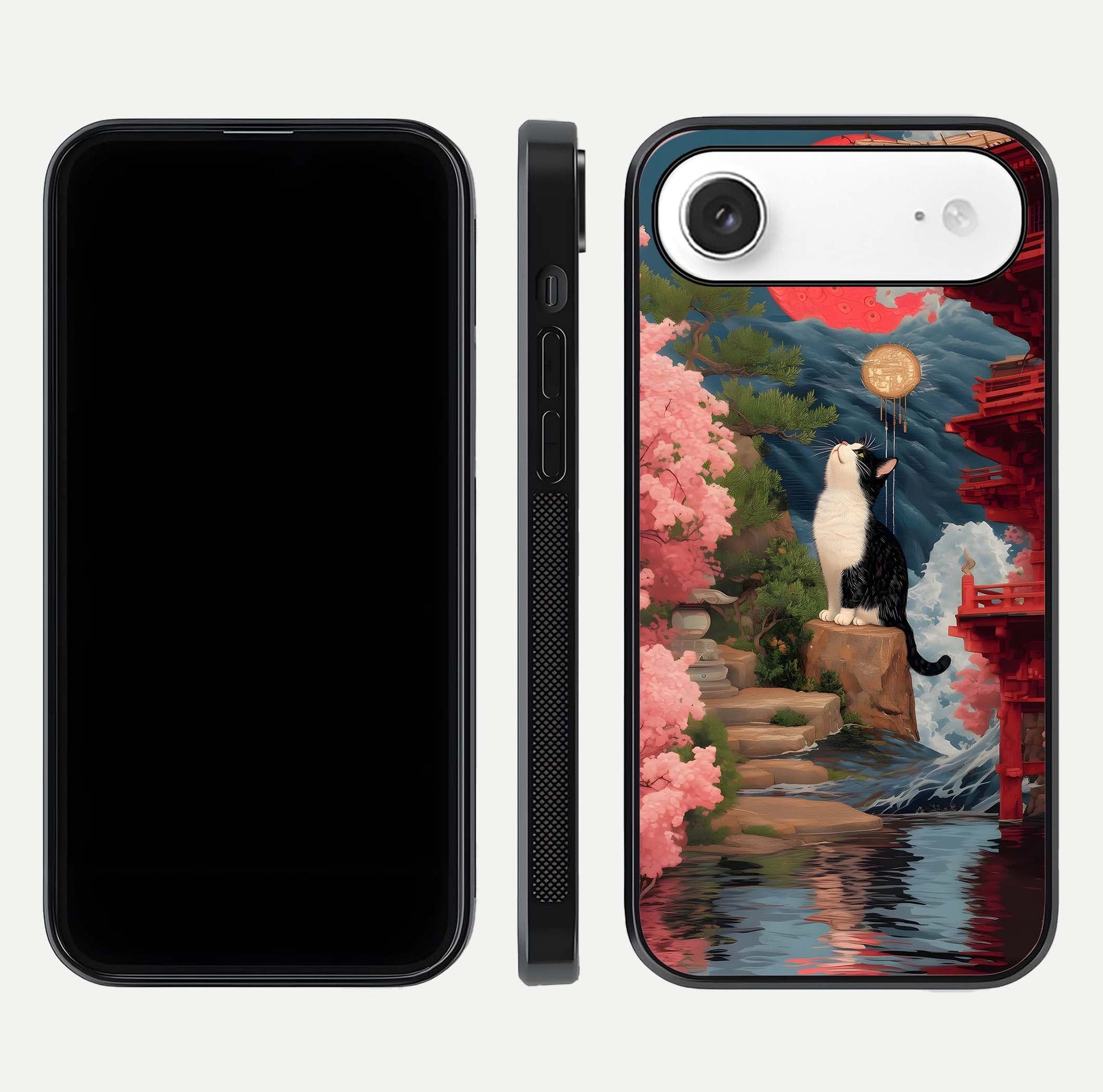 Temple Cat Scenery Glass Case for iPhone Air  front & back layout showing scenic print and edge design