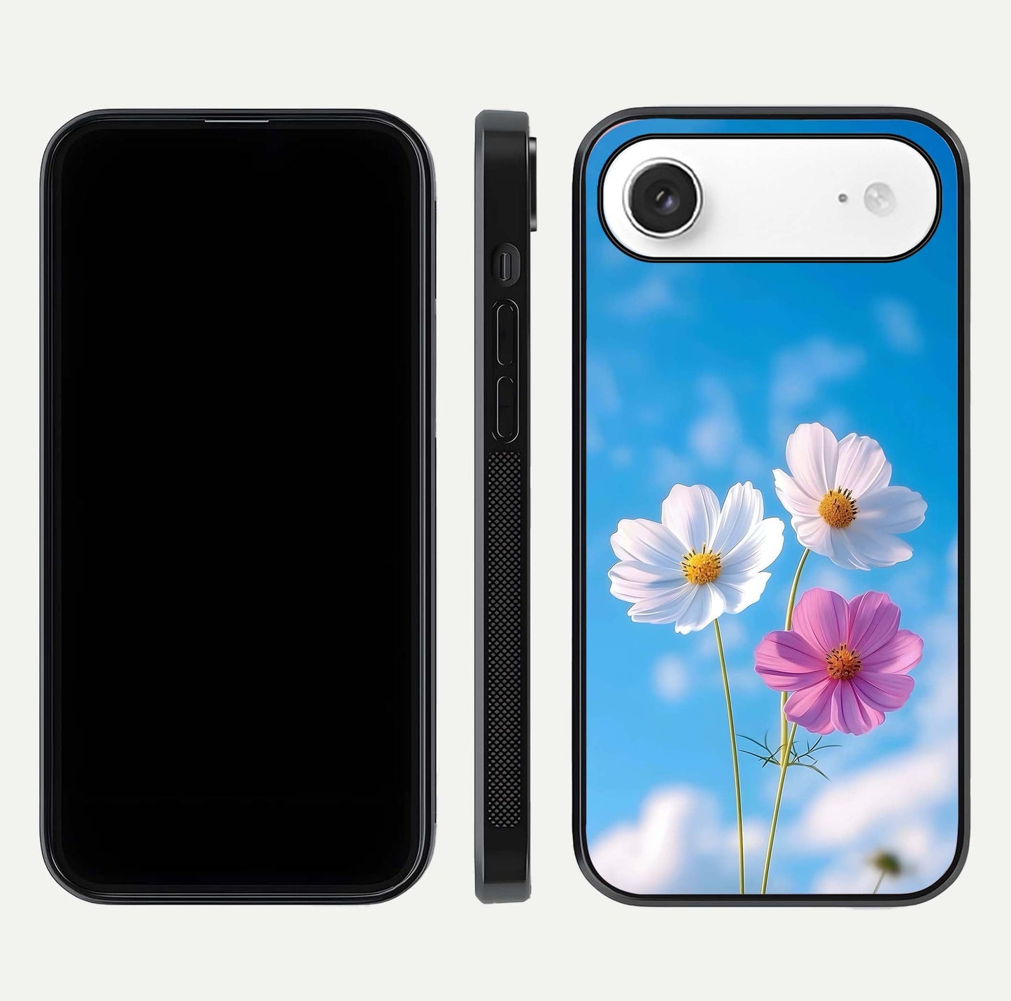 Triple Flowers With Sky Glass Case for iPhone Air  front & back layout showing vivid tones and glossy surface