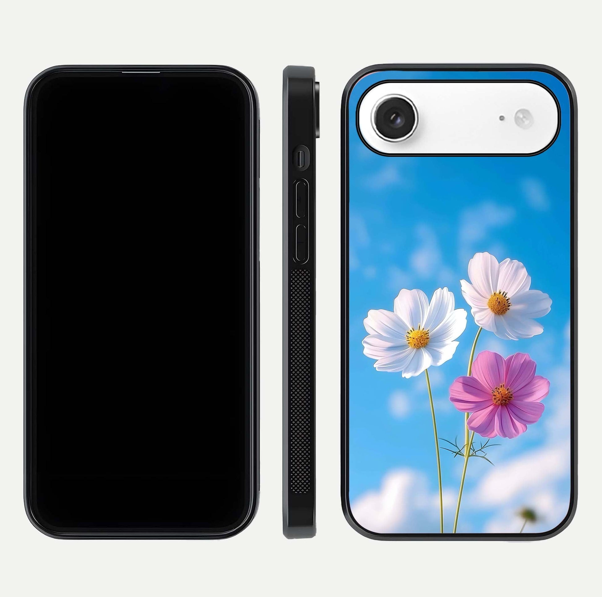Triple Flowers With Sky Glass Case for iPhone Air  front & back layout showing vivid tones and glossy surface