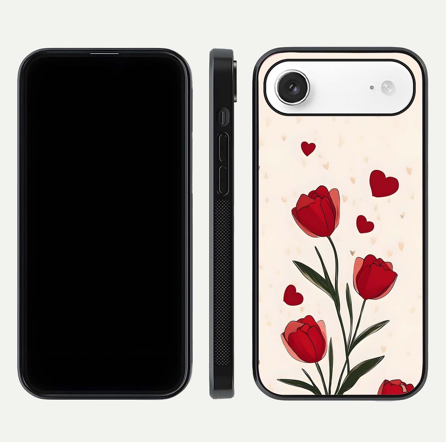 Tulip With Heart Glass Case for iPhone Air  front & back layout showing heart motif and elegant gloss finish