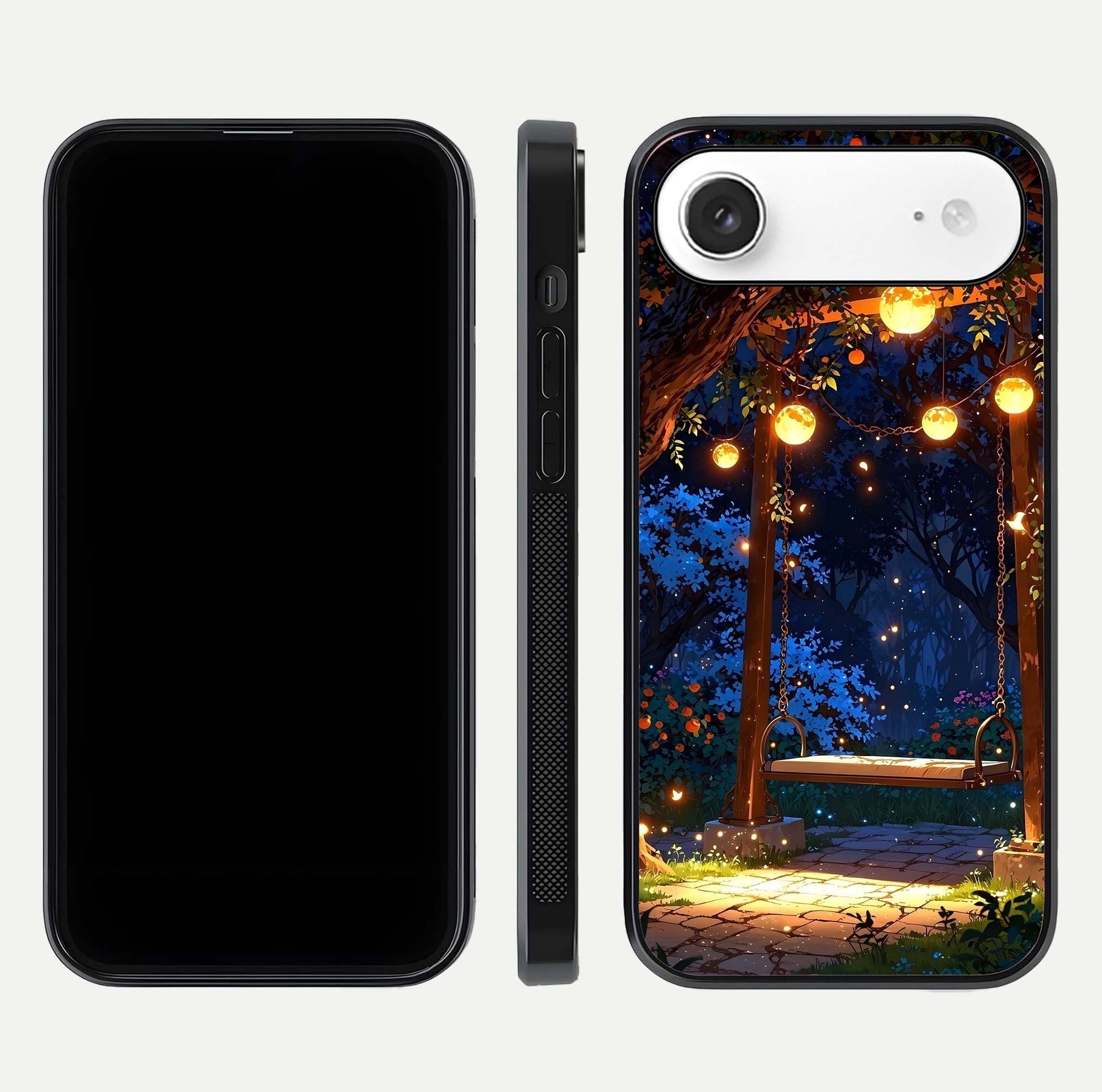 Twilight Garden Swing Glass Case for iPhone Air  front & back layout showing garden art and clean edge