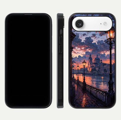 Twilight River Lights Glass Case for iPhone Air  front & back layout showing scenic artwork and smooth curved edges