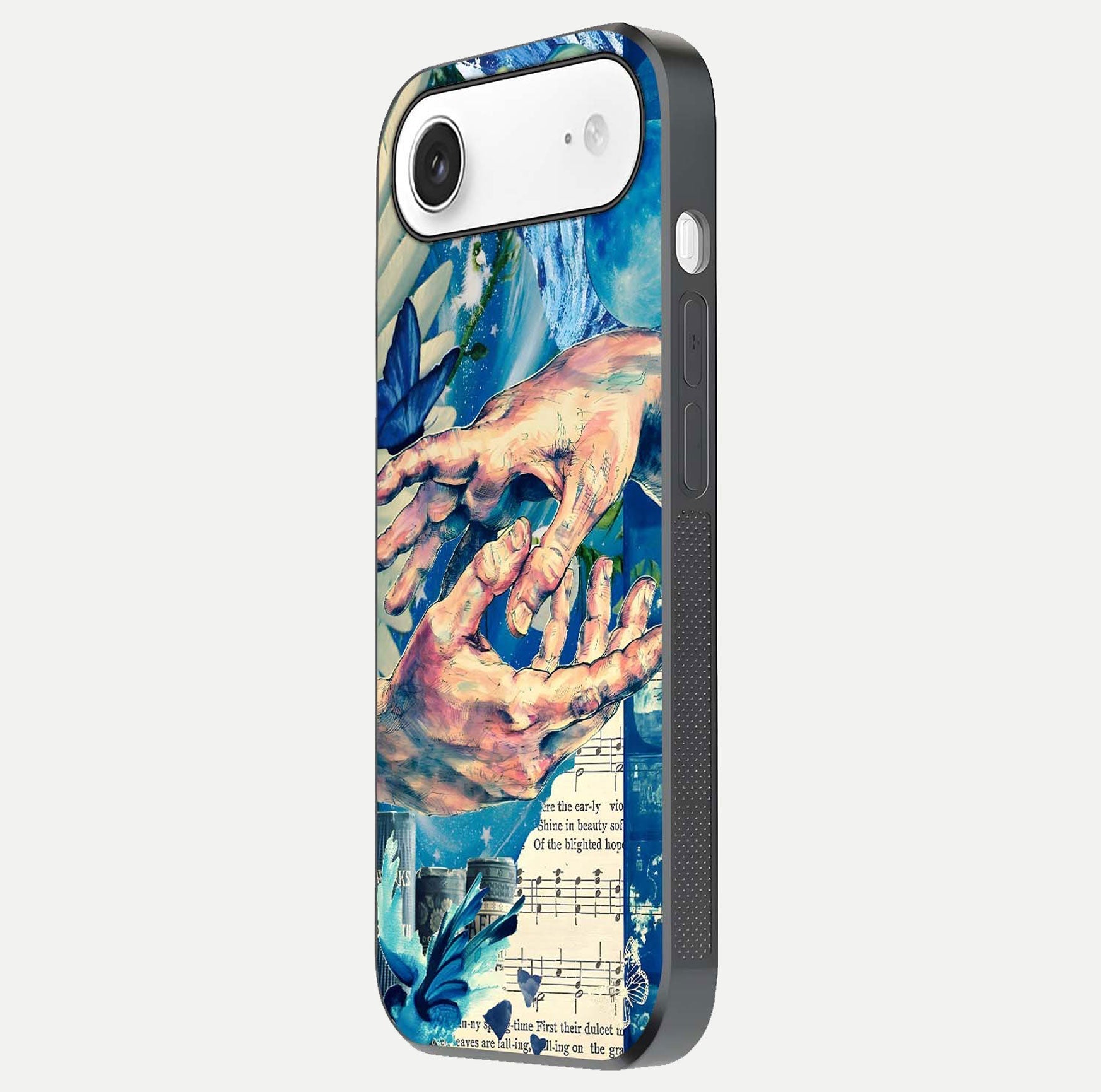 Aesthetic Divider Glass Case for iPhone Air  side-angle image showing divider pattern print, camera module, and glossy finish reflection