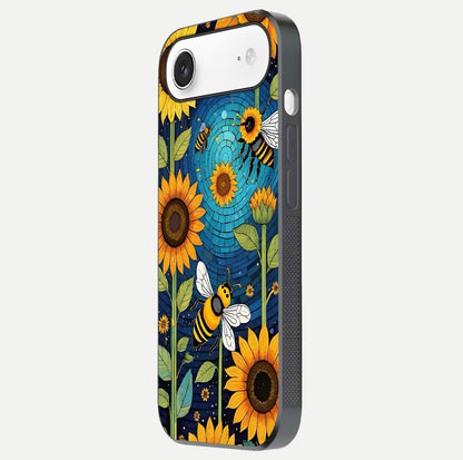 Bees & Sunflowers Glass Case for iPhone Air  side-angle image showing bee pattern alignment and shiny protective surface