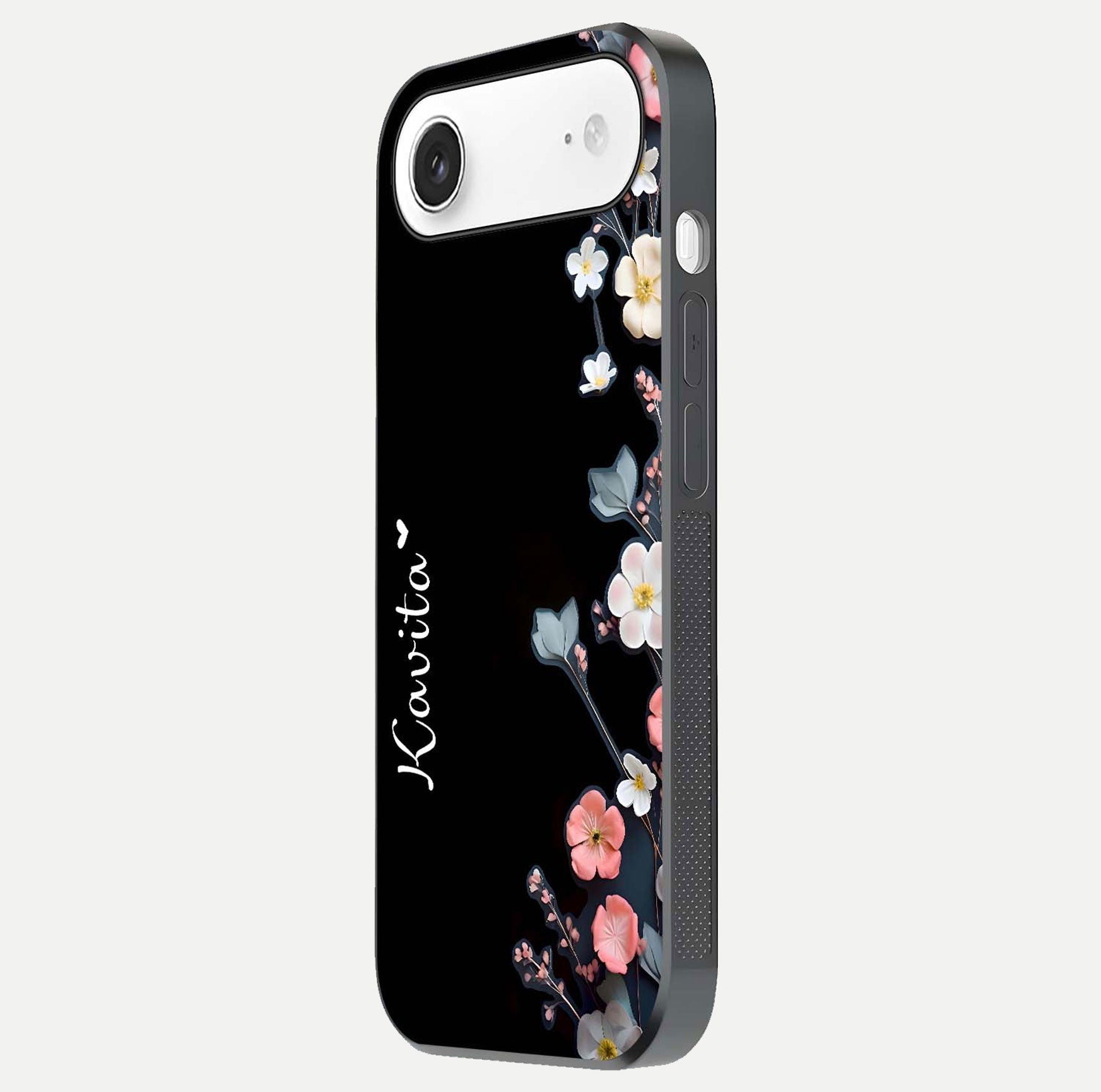 Black Elegance Floral Custom Name Glass Case for iPhone Air  side-angle showing black gloss depth and delicate print texture