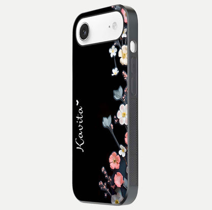 Black Elegance Floral Custom Name Glass Case for iPhone Air  side-angle showing black gloss depth and delicate print texture
