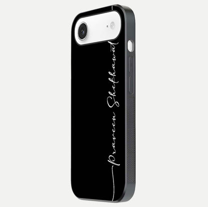 Black Tune Custom Name Glass Case for iPhone Air  side-angle photo showing mirror-like surface and slim profile