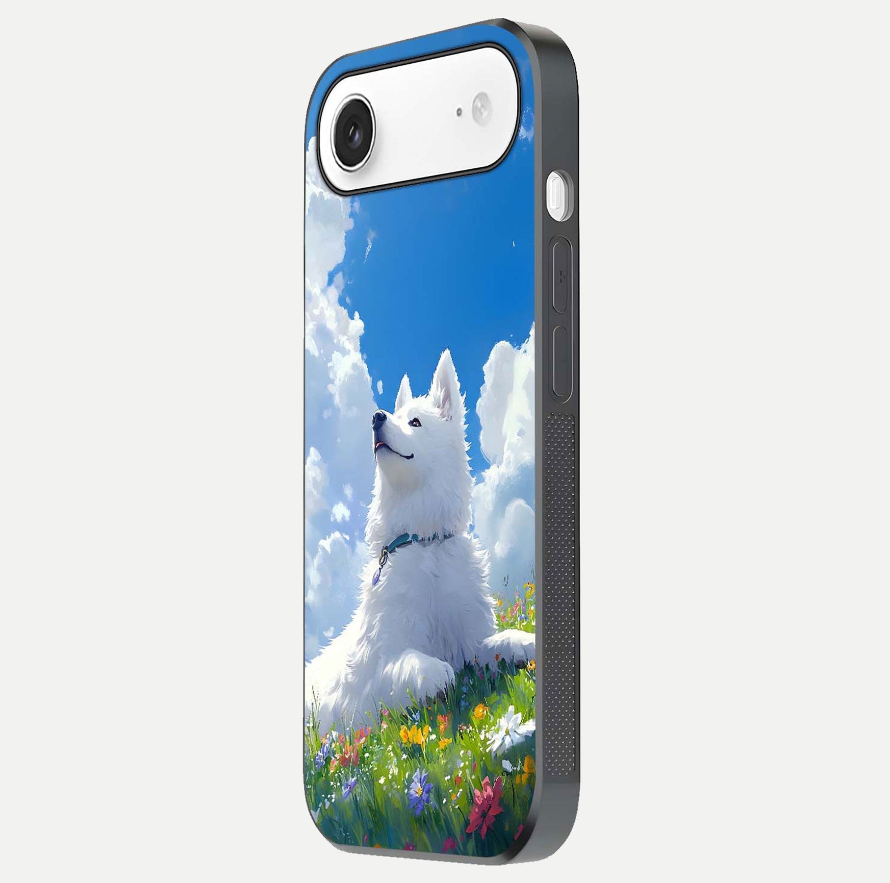 Blissful Cloud Pup Glass Case for iPhone Air  side-angle shot displaying puppy print and glossy texture