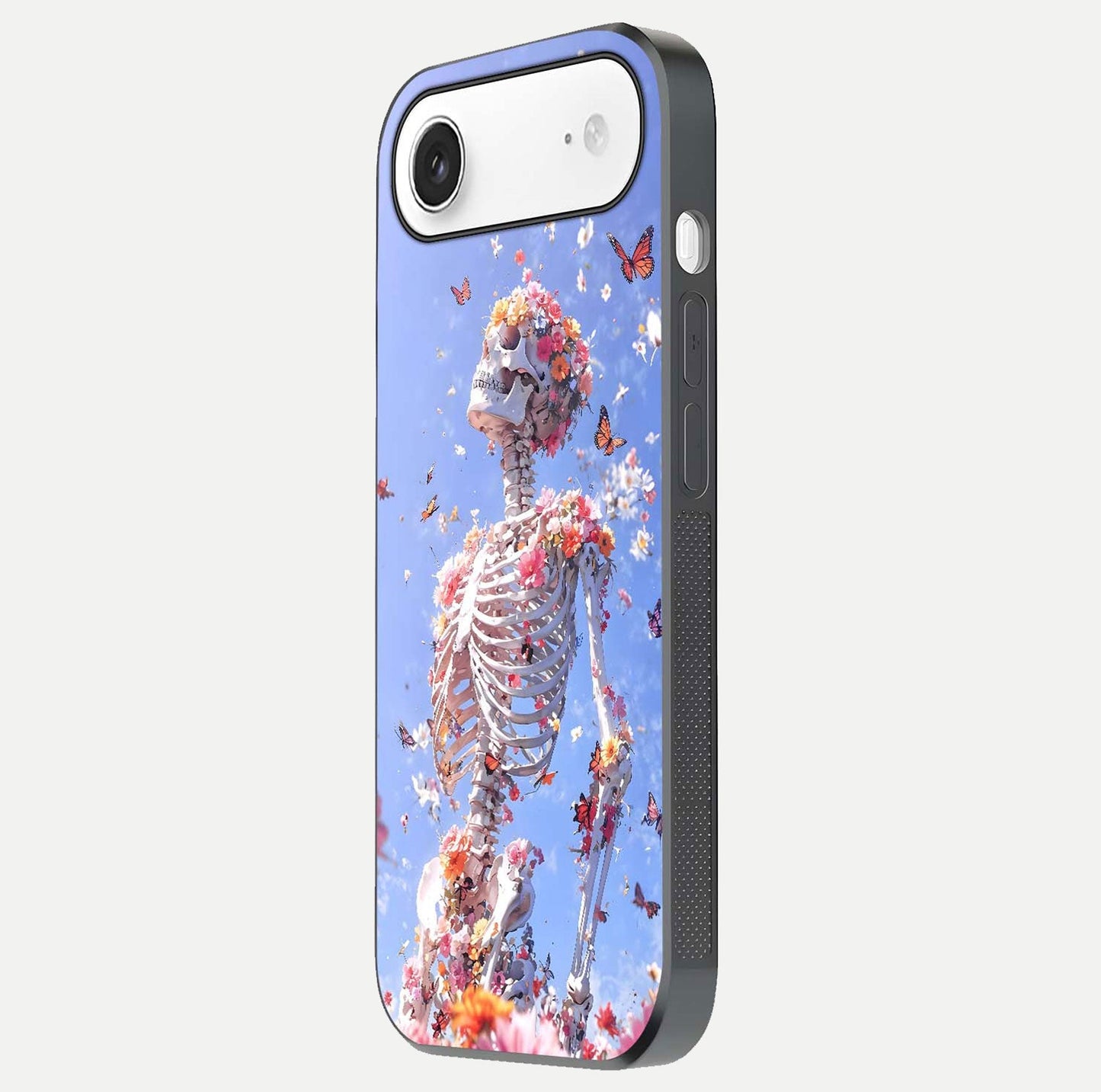 Bloom Beyond Bones Glass Case for iPhone Air  side-angle image highlighting print precision and gloss finish