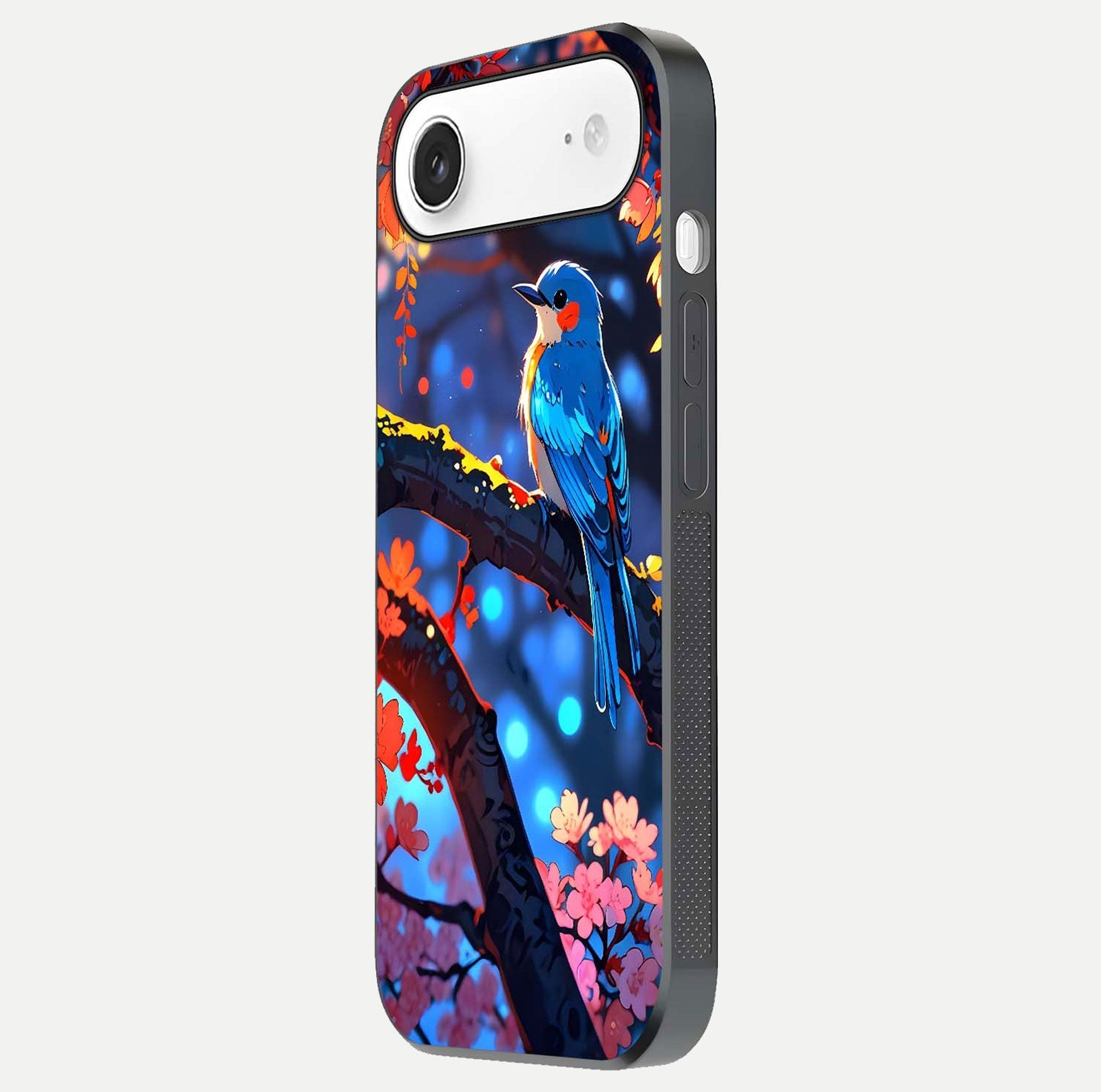 Blooming Spendor Bird Glass Case for iPhone Air  side-angle photo showing floral wings and reflection finish