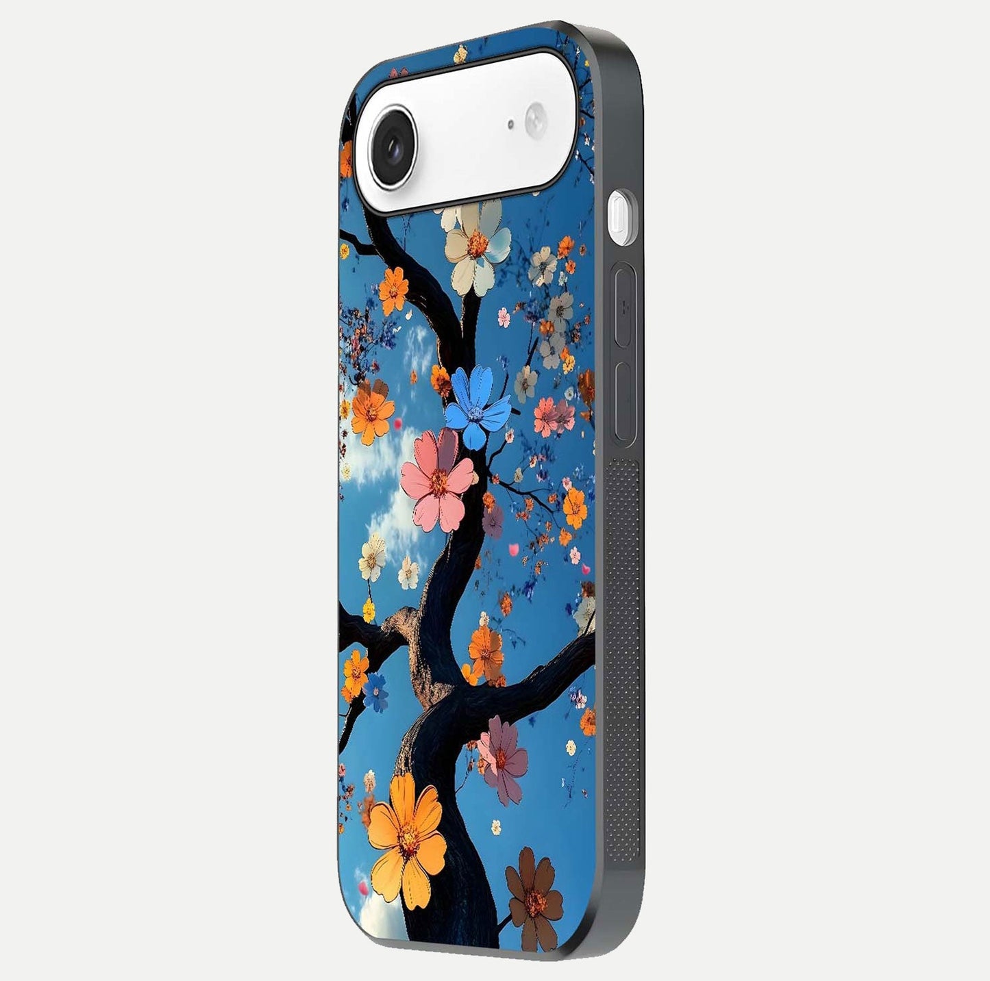 Blossom Dream Sky Glass Case for iPhone Air  side-angle photo showing flower details, edge curve, and reflection shine