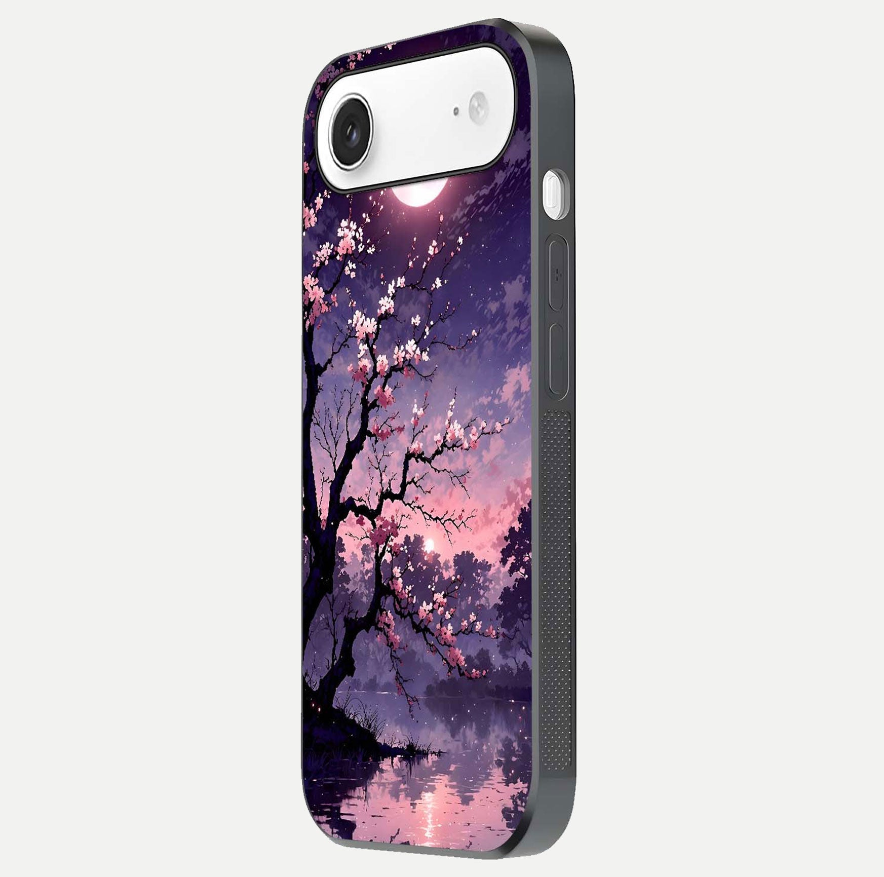 Blossom Pink Moon Glass Case for iPhone Air  side-angle image showing glossy curve and floral-moon balance