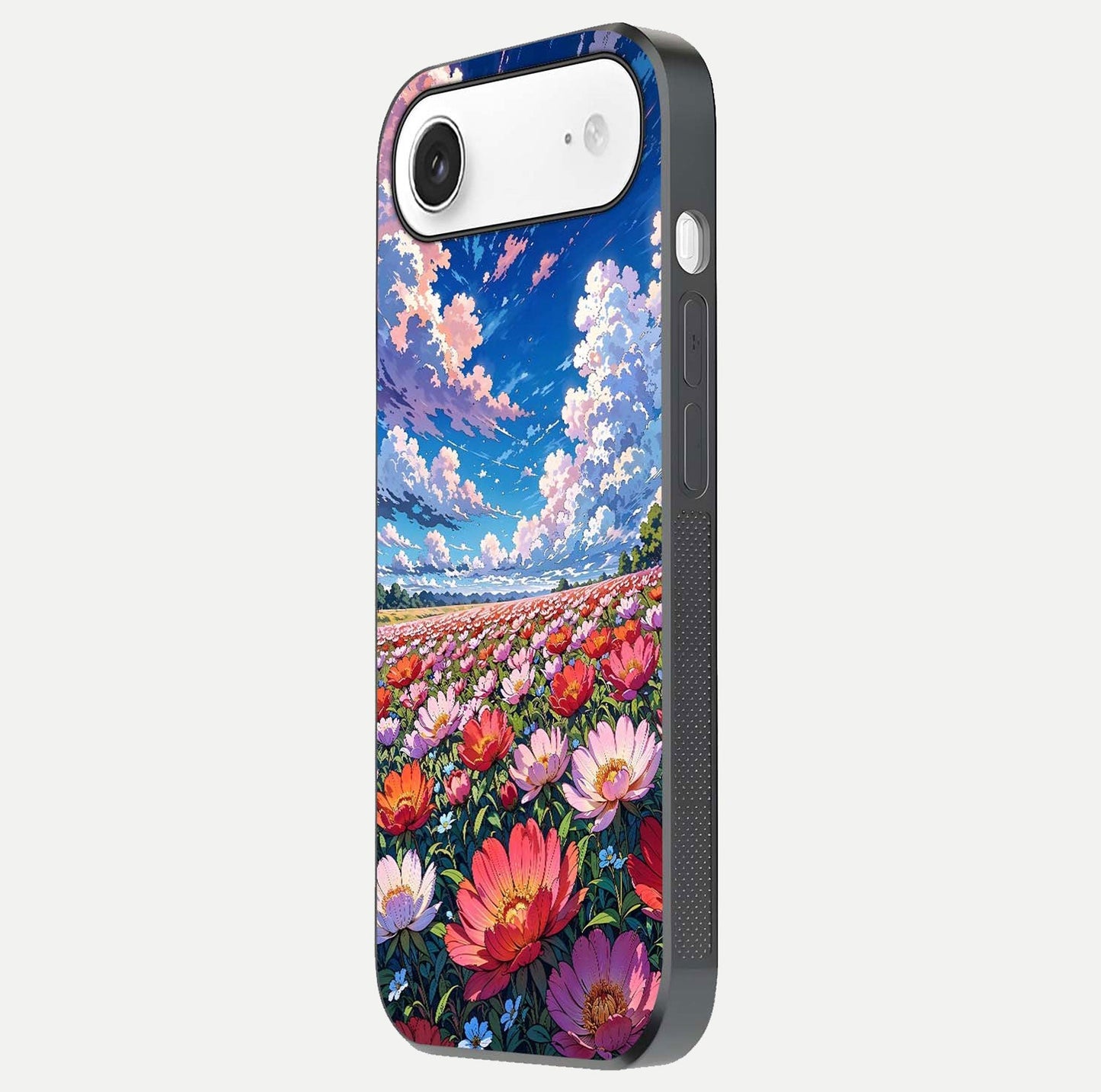 Blossom Sky Field Glass Case for iPhone Air  side-angle showing sky hues, blossom texture, and reflective shine
