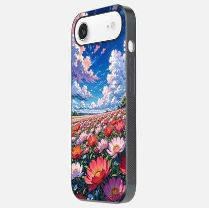 Blossom Sky Field Glass Case for iPhone Air  side-angle showing sky hues, blossom texture, and reflective shine