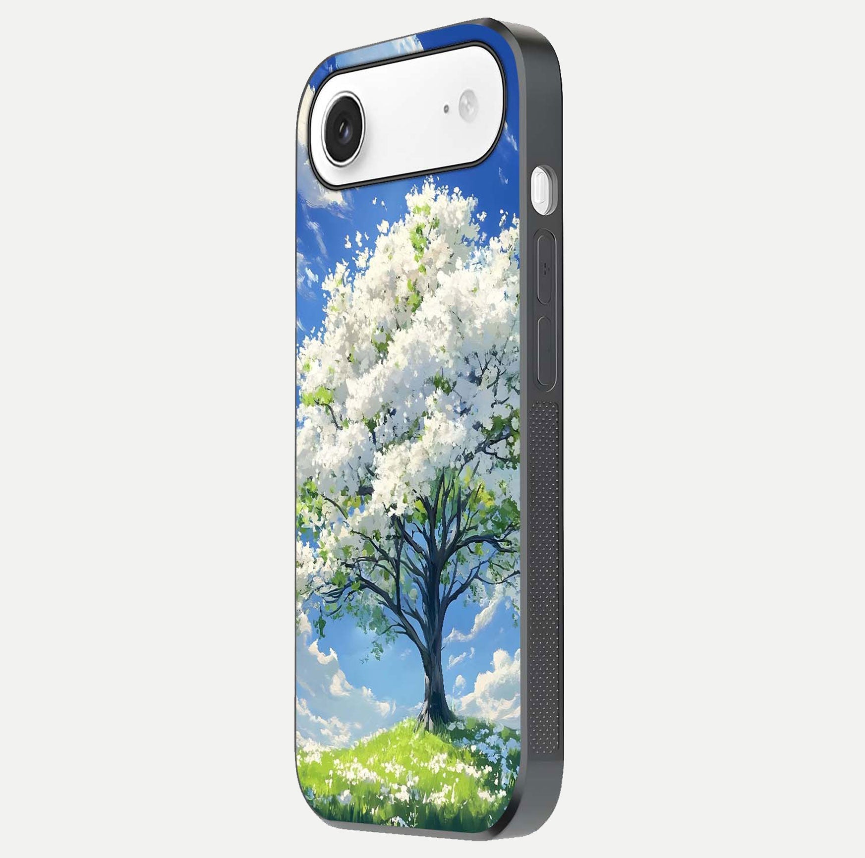 Blossom Sky Serenity Glass Case for iPhone Air  side-angle image showing elegant edge flow and light reflection