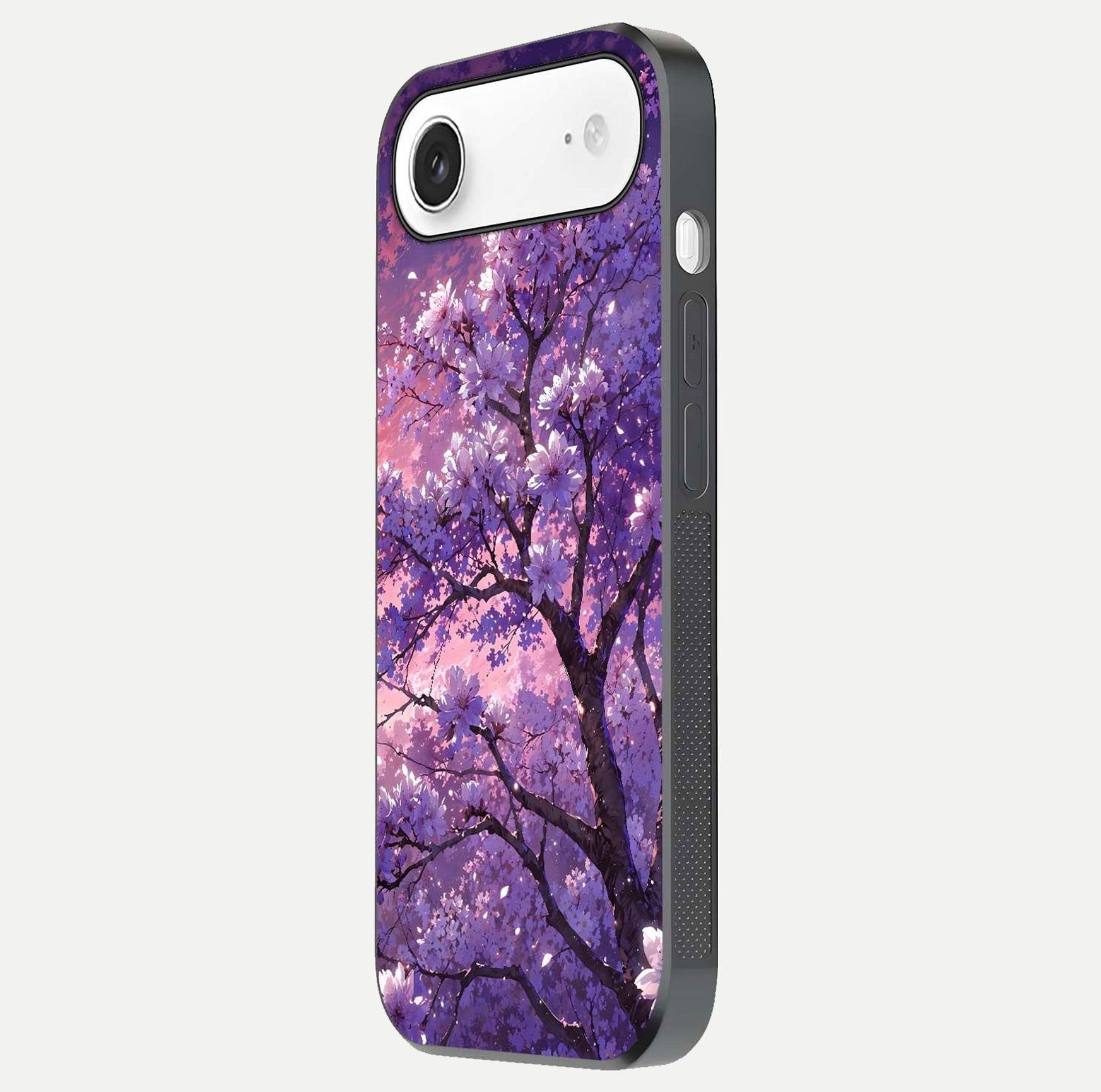 Blossom Tree Glass Case for iPhone Air  side-angle image showing floral tree artwork and reflection gloss
