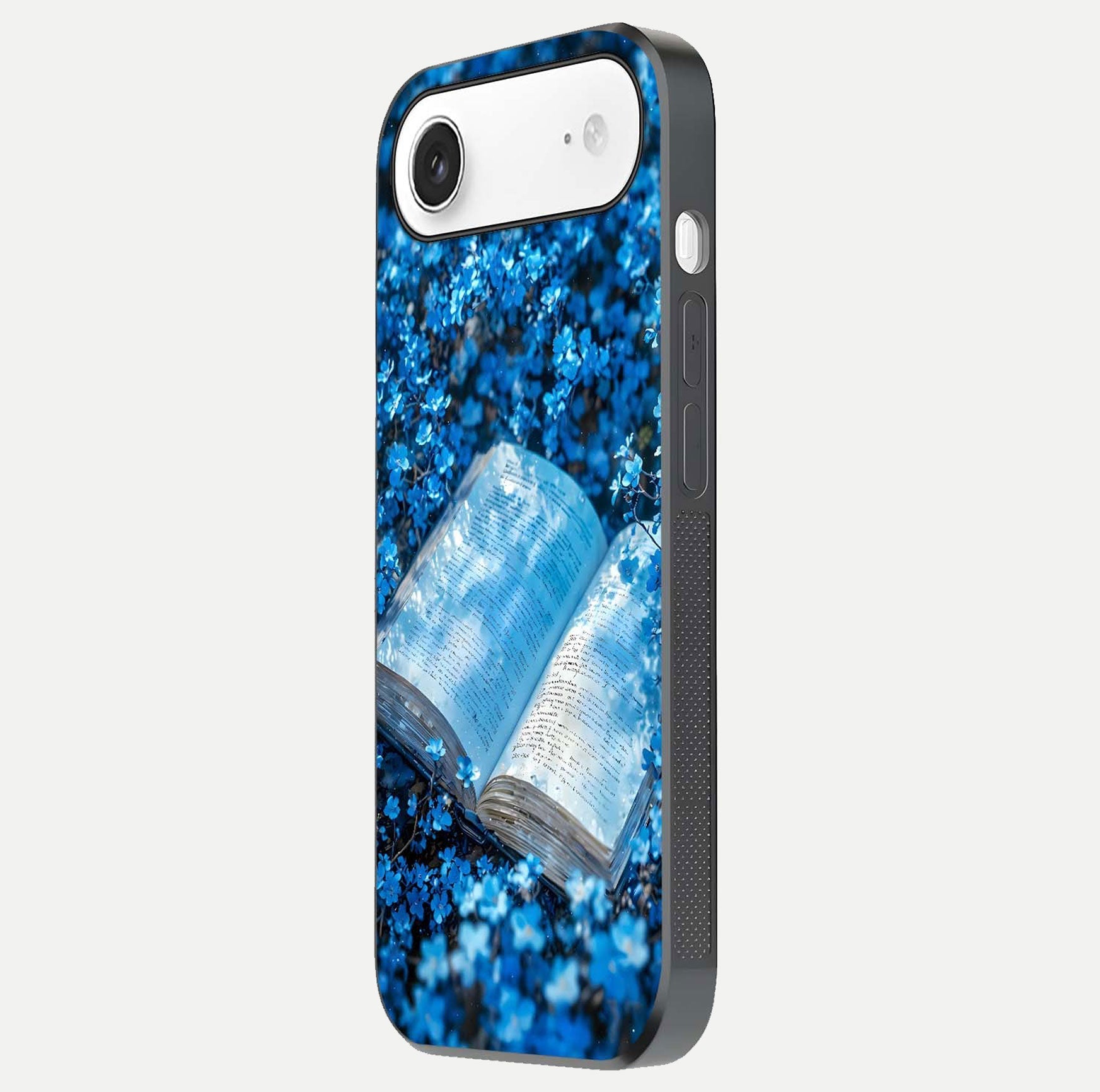 Blue Bloom Tales Glass Case for iPhone Air  side-angle image showing blue floral pattern and glossy finish