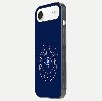 Blue Evil Eye Glass Case for iPhone Air  side-angle view showing edge glow, color balance, and reflective surface