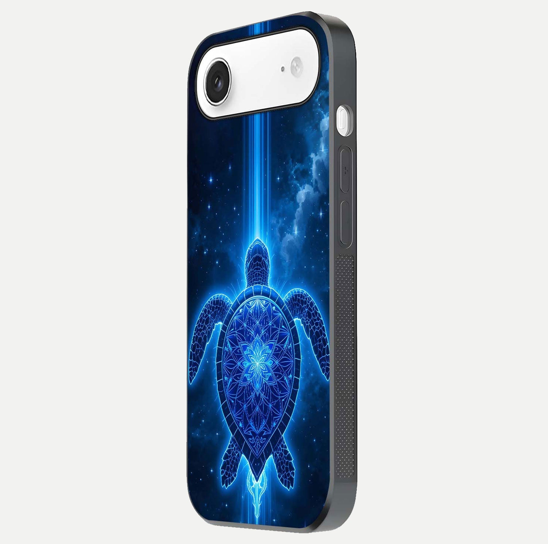 Blue Galaxy Turtle Glass Case for iPhone Air  side-angle photo capturing galaxy shine and smooth edge design