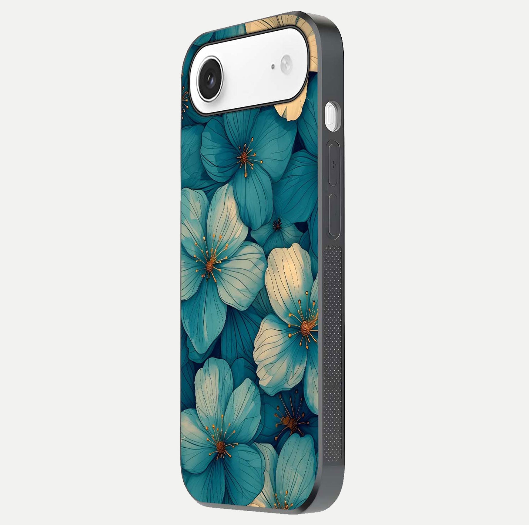 Blue Shade Floral Glass Case for iPhone Air  side-angle photo showing detailed floral hues and curved glass shine