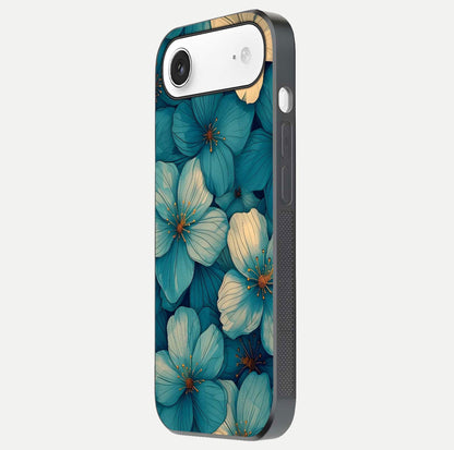 Blue Shade Floral Glass Case for iPhone Air  side-angle photo showing detailed floral hues and curved glass shine