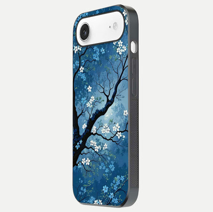 Blue Tree Serenity Glass Case for iPhone Air  side-angle shot showing glossy edge and tree pattern reflection