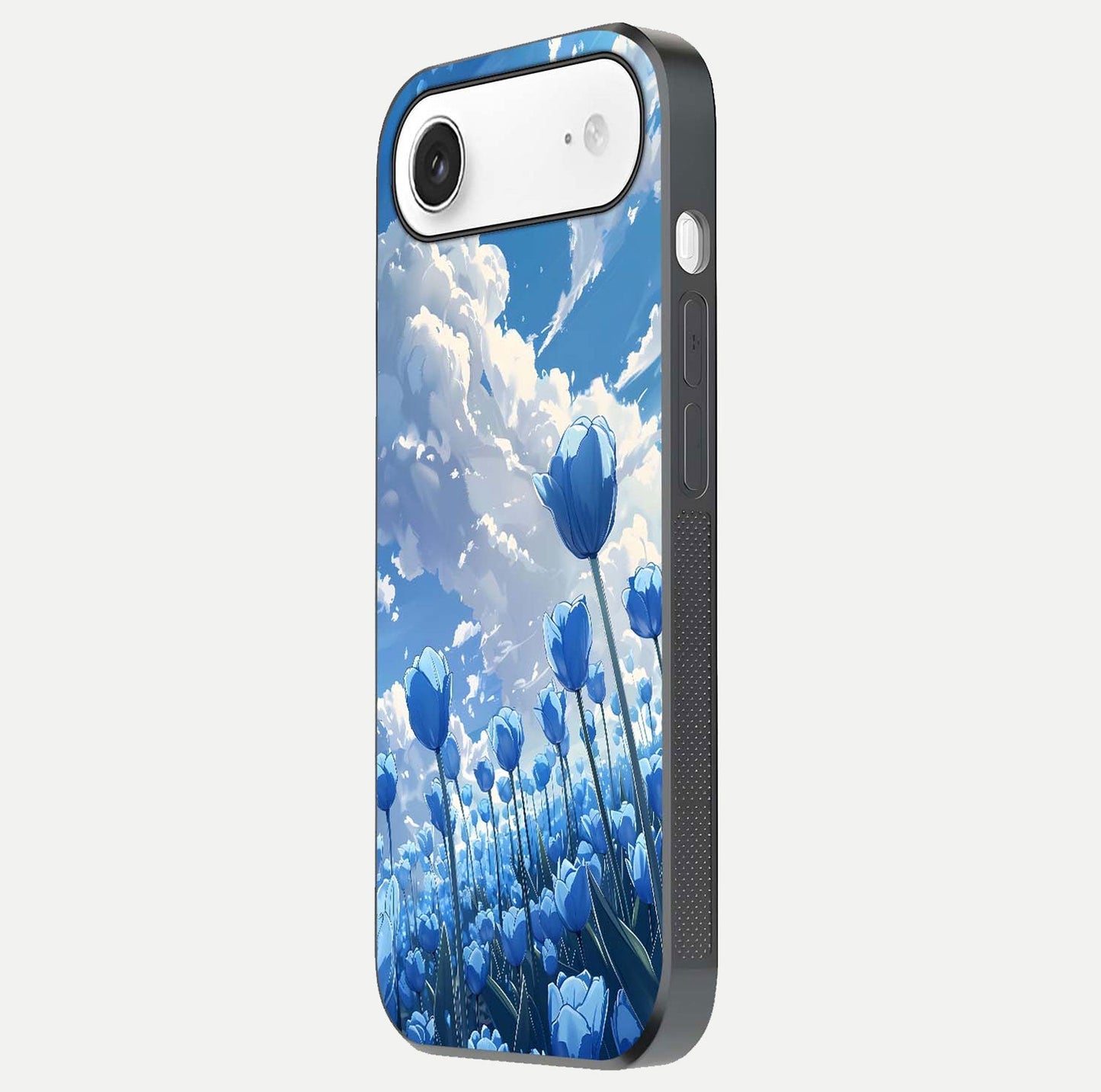 Blue Tulip Clouds Glass Case for iPhone Air  side-angle image showing edge curve and flower reflection glow