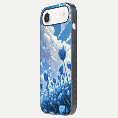 Blue Tulip Clouds Glass Case for iPhone Air  side-angle image showing edge curve and flower reflection glow
