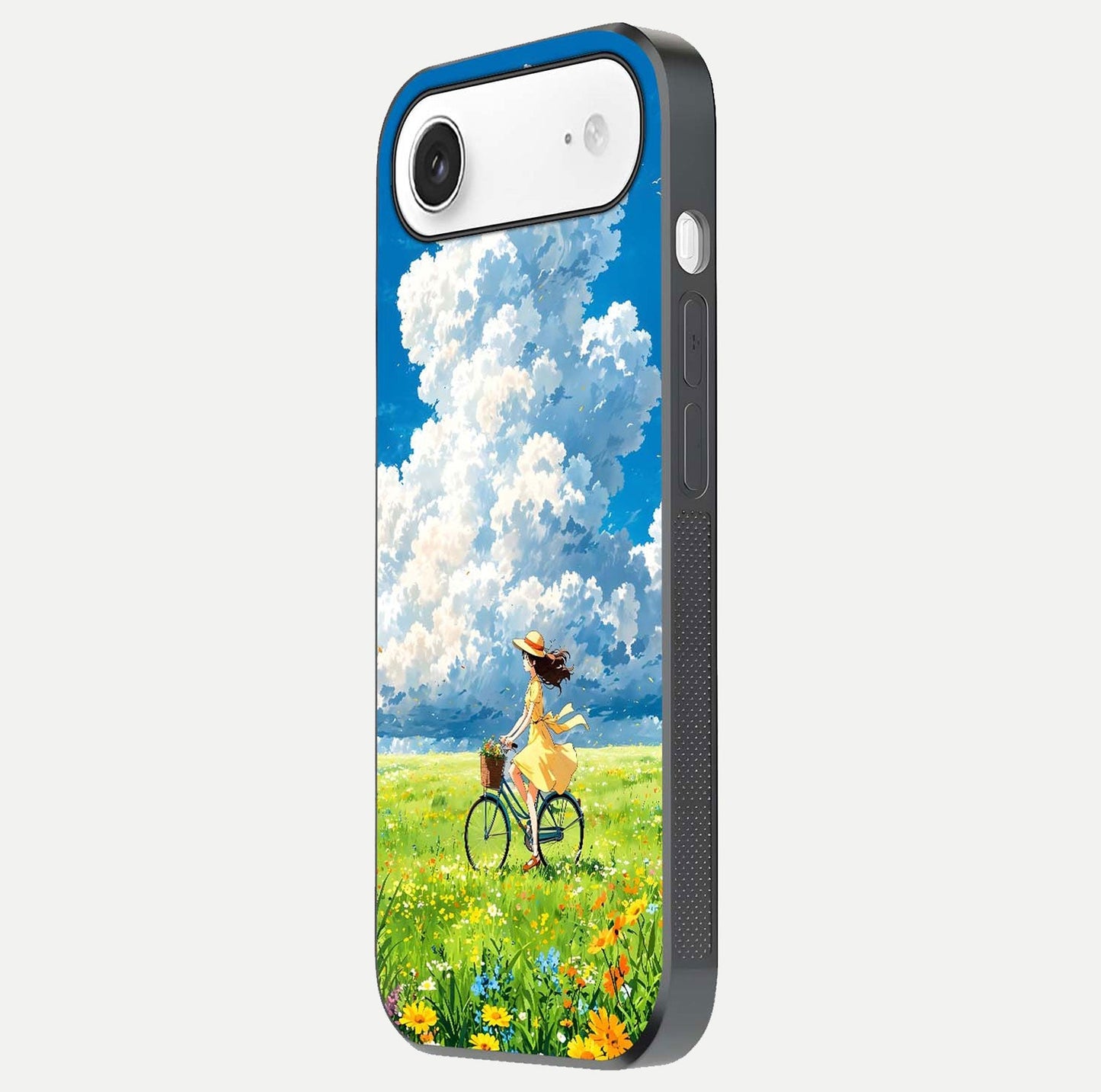 Breezy Meadow Ride Glass Case for iPhone Air  side-angle image showing floral details and edge glow