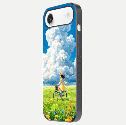 Breezy Meadow Ride Glass Case for iPhone Air  side-angle image showing floral details and edge glow