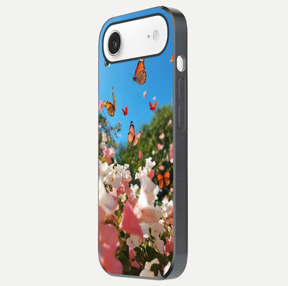 Butterflies in Bloom Sky Glass Case for iPhone Air  side-angle image showing delicate details and gloss polish